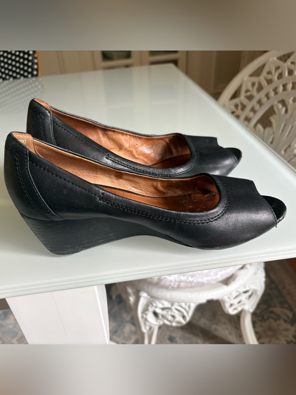 Clarks Black Leather Peep-Toe Wedge Pumps
